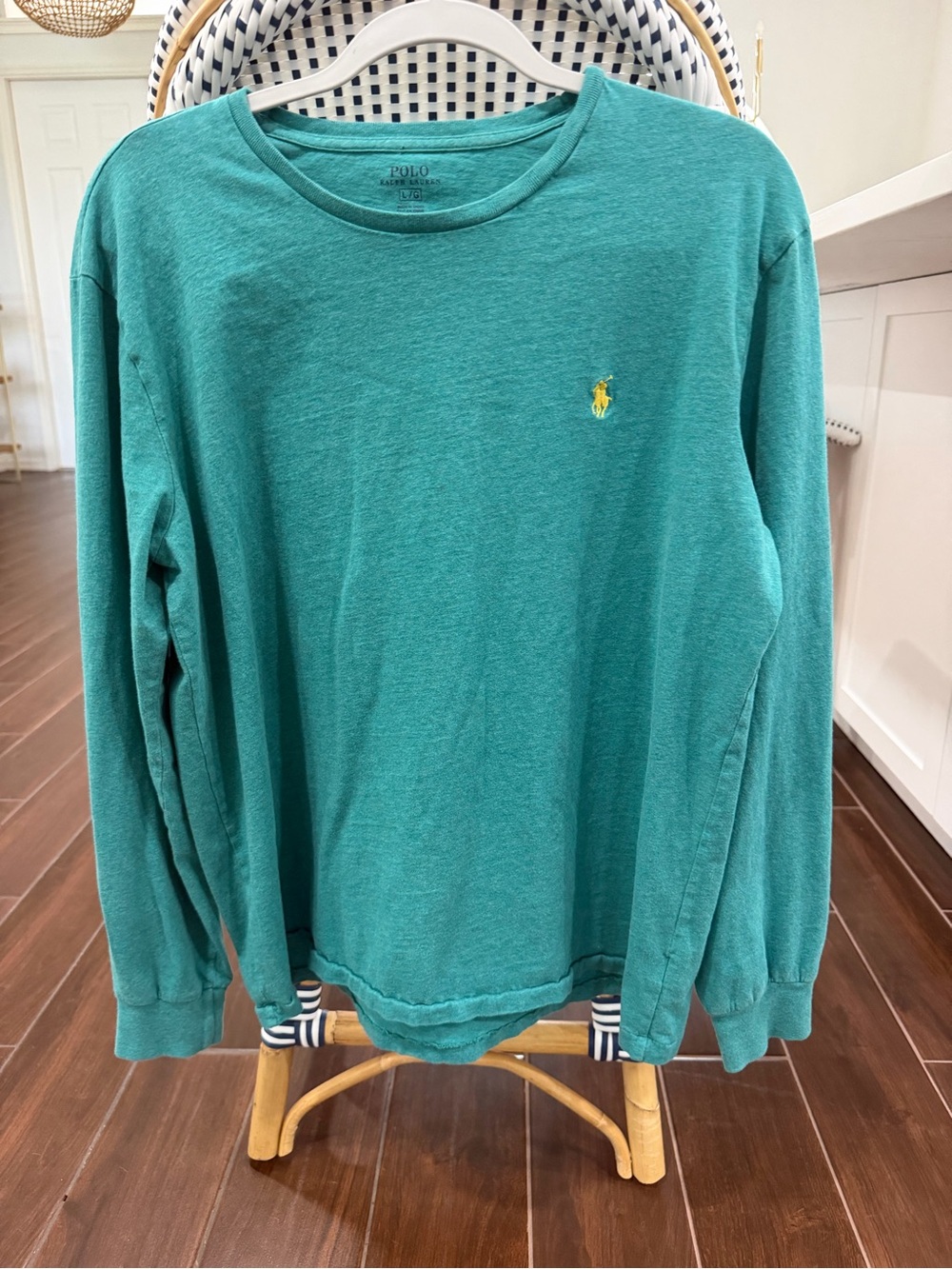 Polo Ralph Lauren Men's Large Aqua Teal Long Sleeve Crewneck T-Shirt Yellow Pony